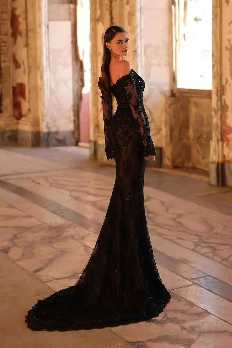 Weitese Dress Elegant Black Lace Long Sleeves Off the Shoulder Mermaid Maxi Dress Party Dress with Beadings Prom Dress